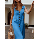 Vestido Cecília Midi Decote V com Gola Botões e Bolsos Frontais