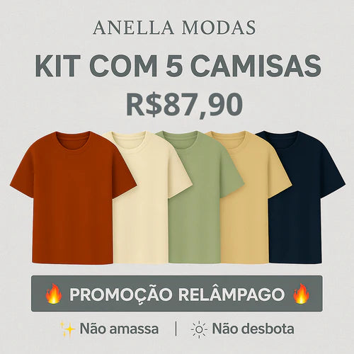 Kit com 5 Camisetas Texturizadas Malha Waffle Milano - Não amassa, não desbota e 0 transparência